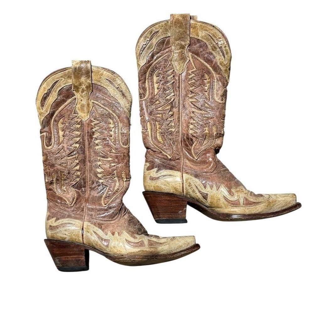 Corral Women's Beige Crackle Distressed Western Cowboy Boots Size 6M